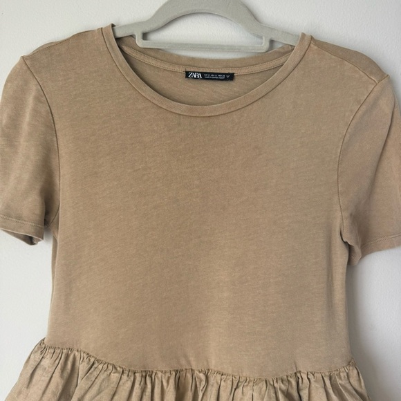 Zara Woman  Beige Ruffled 100% Cotton Tshirt Dress, size Small - Picture 3 of 9